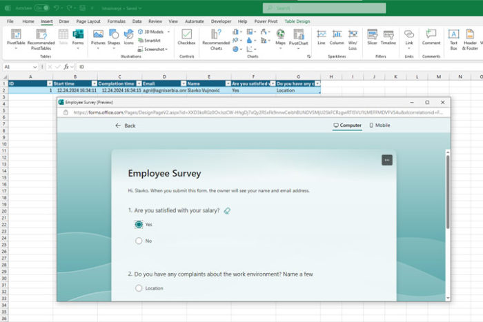 Excel and Microsoft Forms service – Excel kitchenette